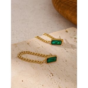 *NEW Green Crystal Chain Drop Earrings Stainless Steel Gold